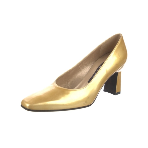 Stuart Weitzman Vintage Gold Patient Leather Square Toe Pumps Heels Sz 8M 1038 - Picture 5 of 9